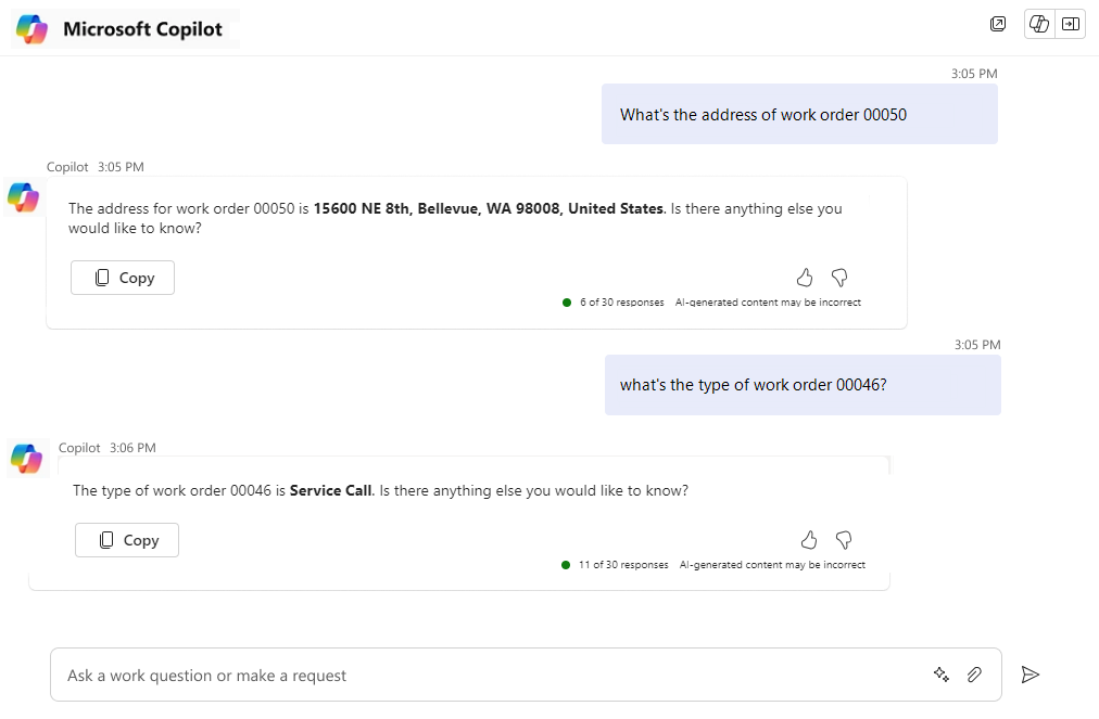 Microsoft Copilot chat showing the address of a work order and the type of another work order