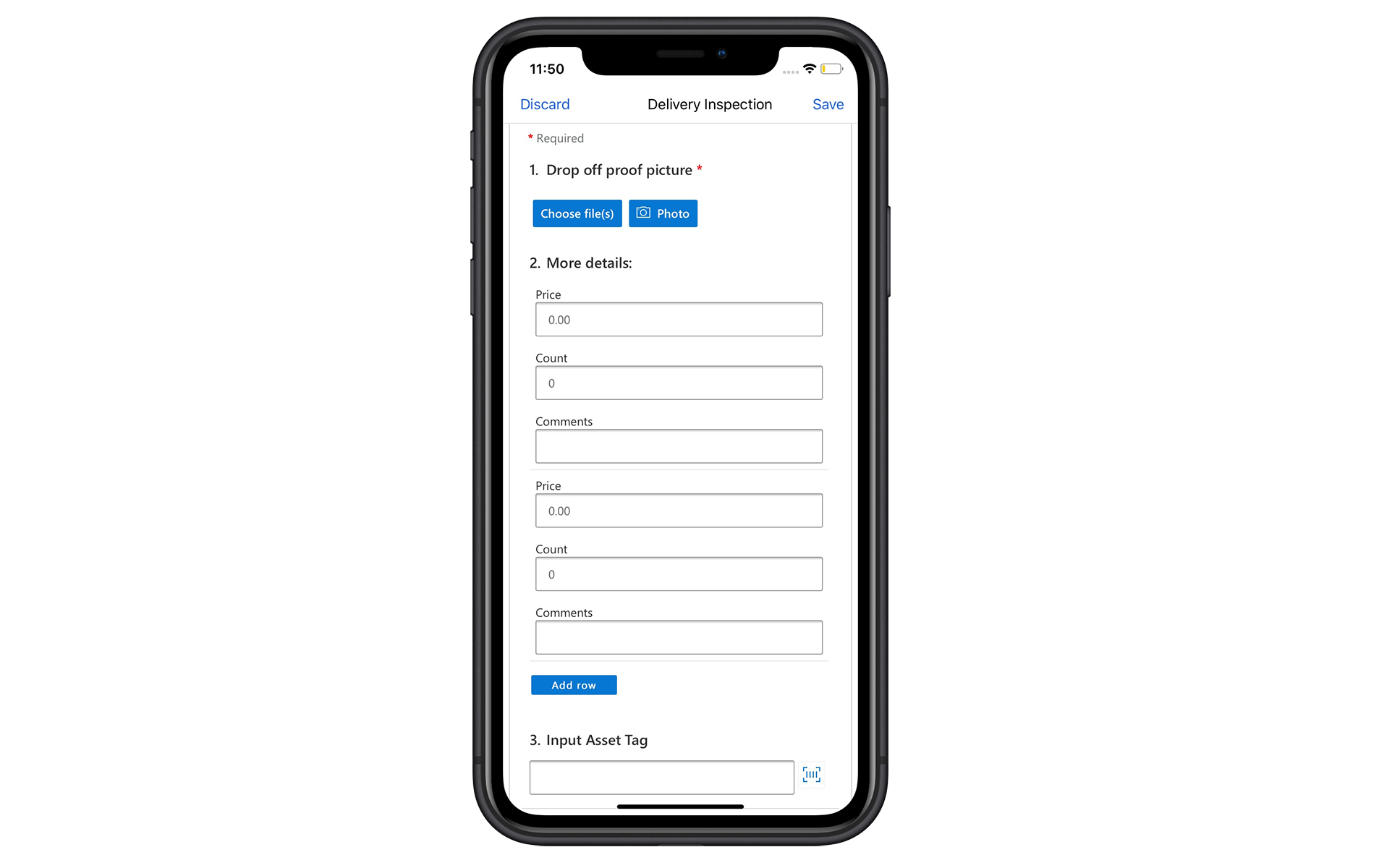 Device render showing an inspection form allowing adding more rows.