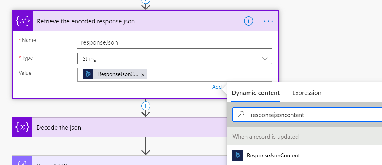 Screenshot of a Power Automate flow, showing the "retrieve the encoded response json" part of the flow.