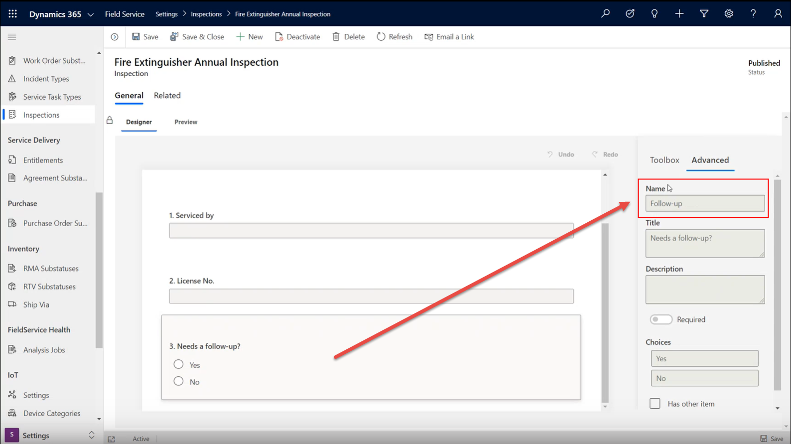 Screenshot of an inspection in Field Service, showing the name field.