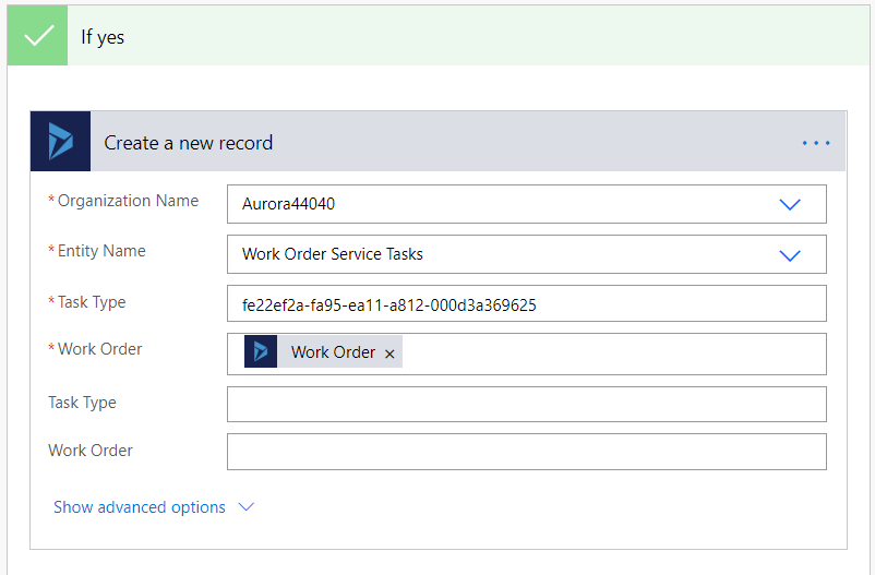 Screenshot of the Power Automate flow, showing the "if yes" condition set to trigger a new record creation.