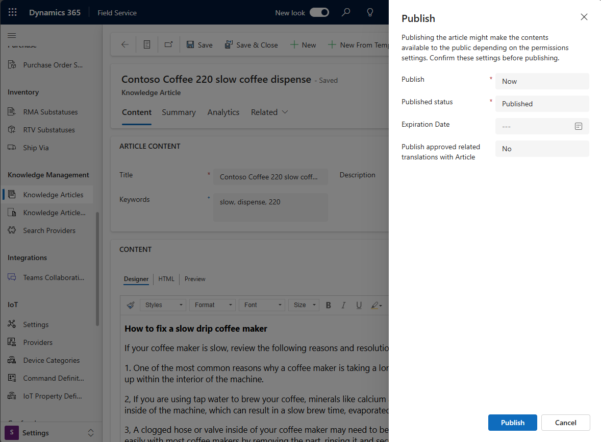 Screenshot of a Field Service knowledge article, showing the Publish pane.