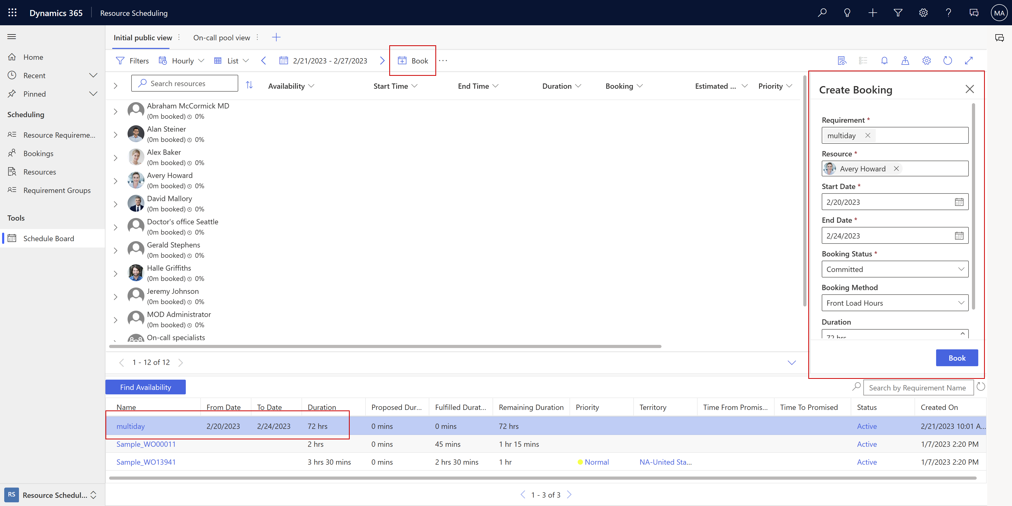 Screenshot of the scheduling board with a multi-day requirement.