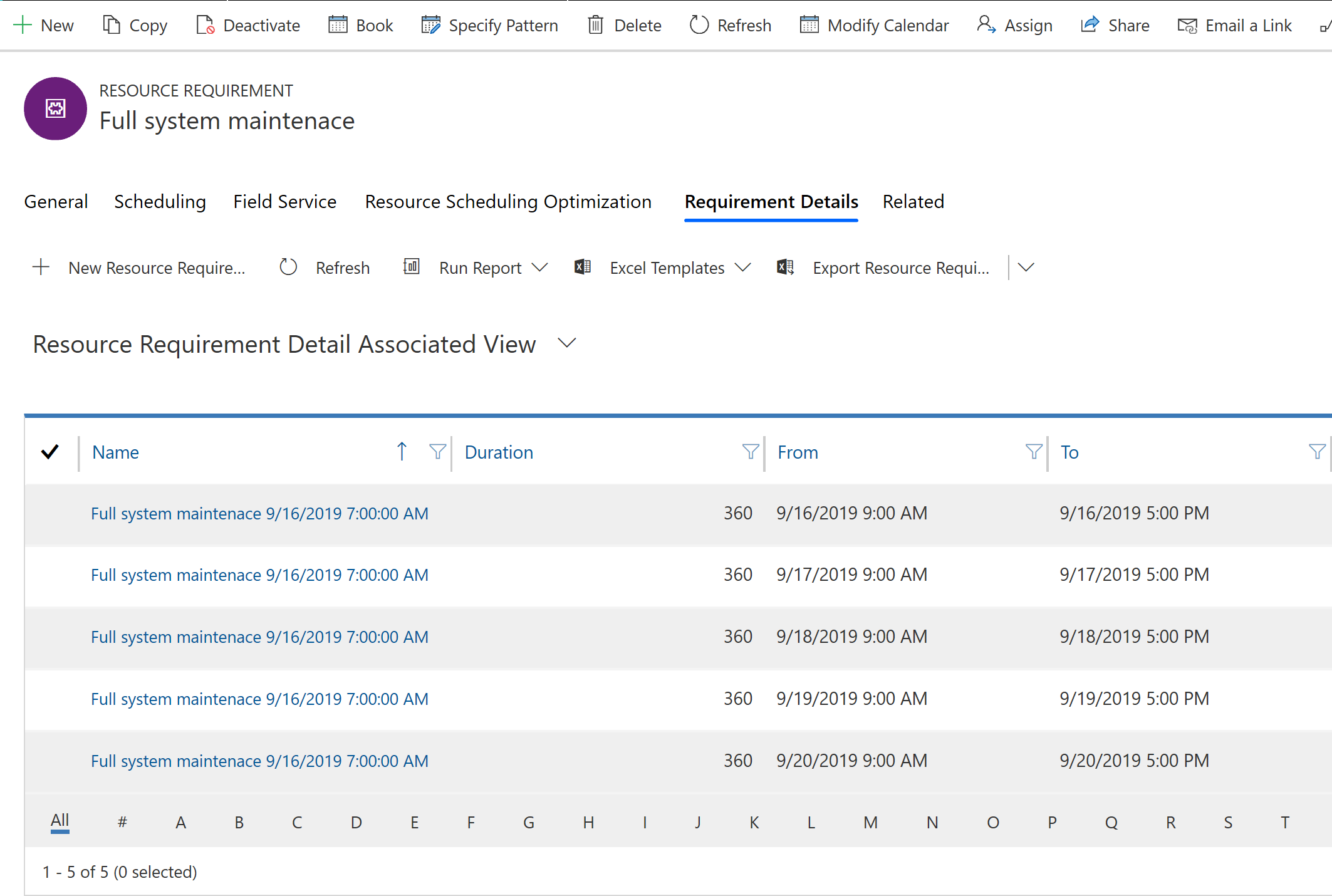 Screenshot of a resource requirement details.