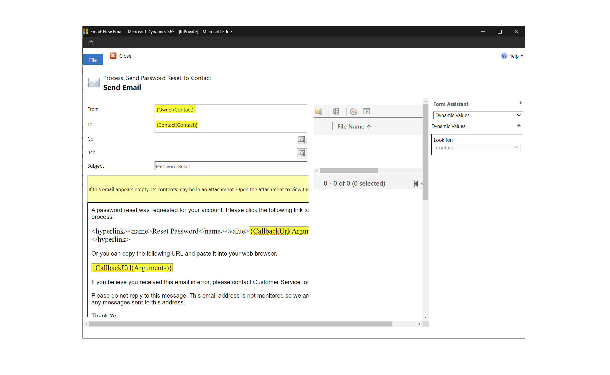 Field Service process edit page, showing the "Send Password Reset to Contact" process.