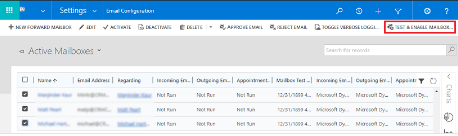 Screenshot of testing mailbox configuration in Power Platform admin center.