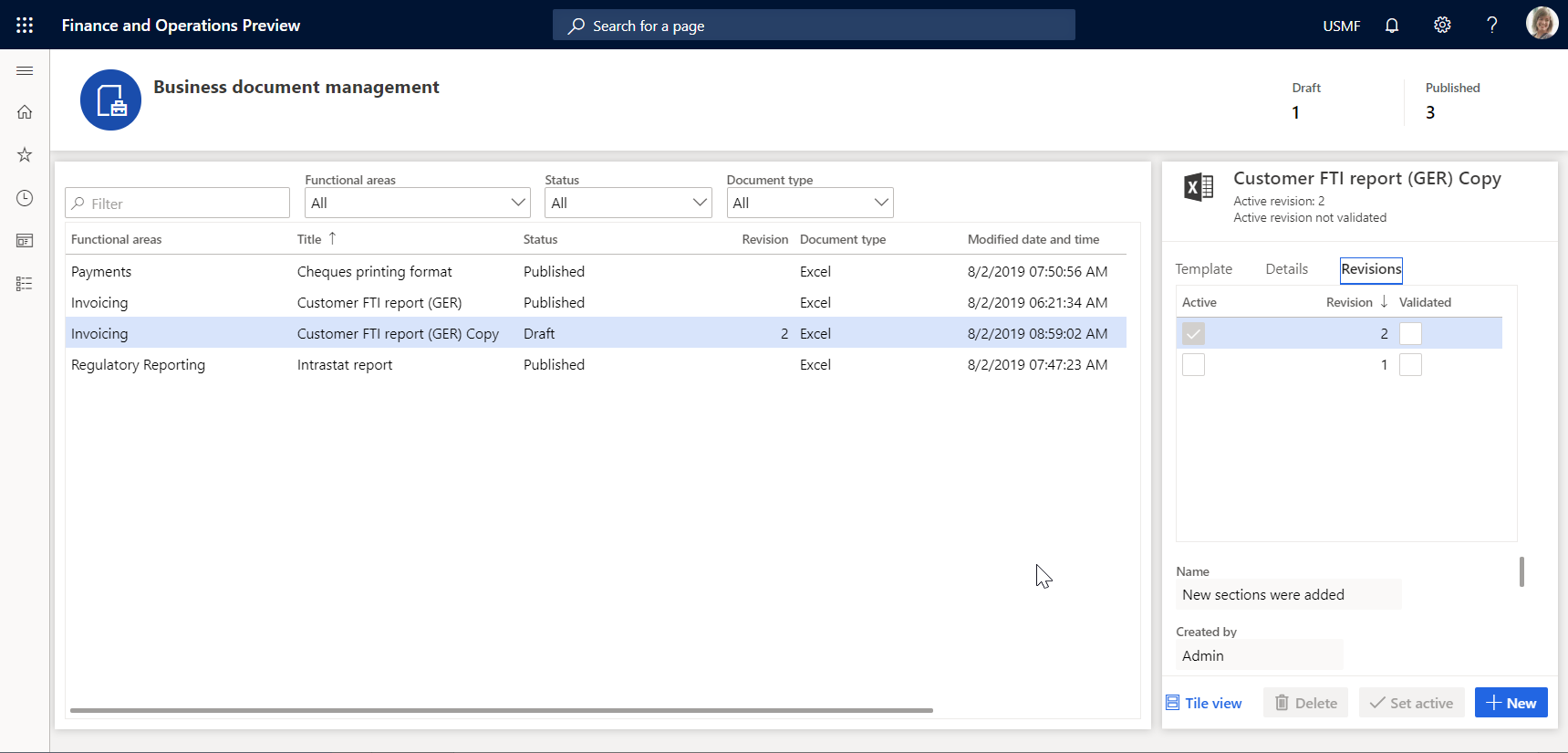 Create revisions to the template on the Business document management workspace page.