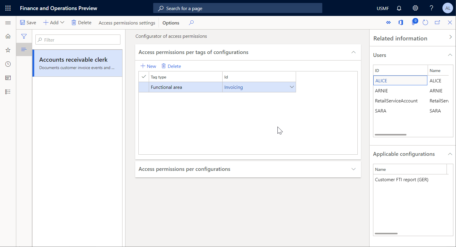 Related information pane on Configurator of access permissions page.