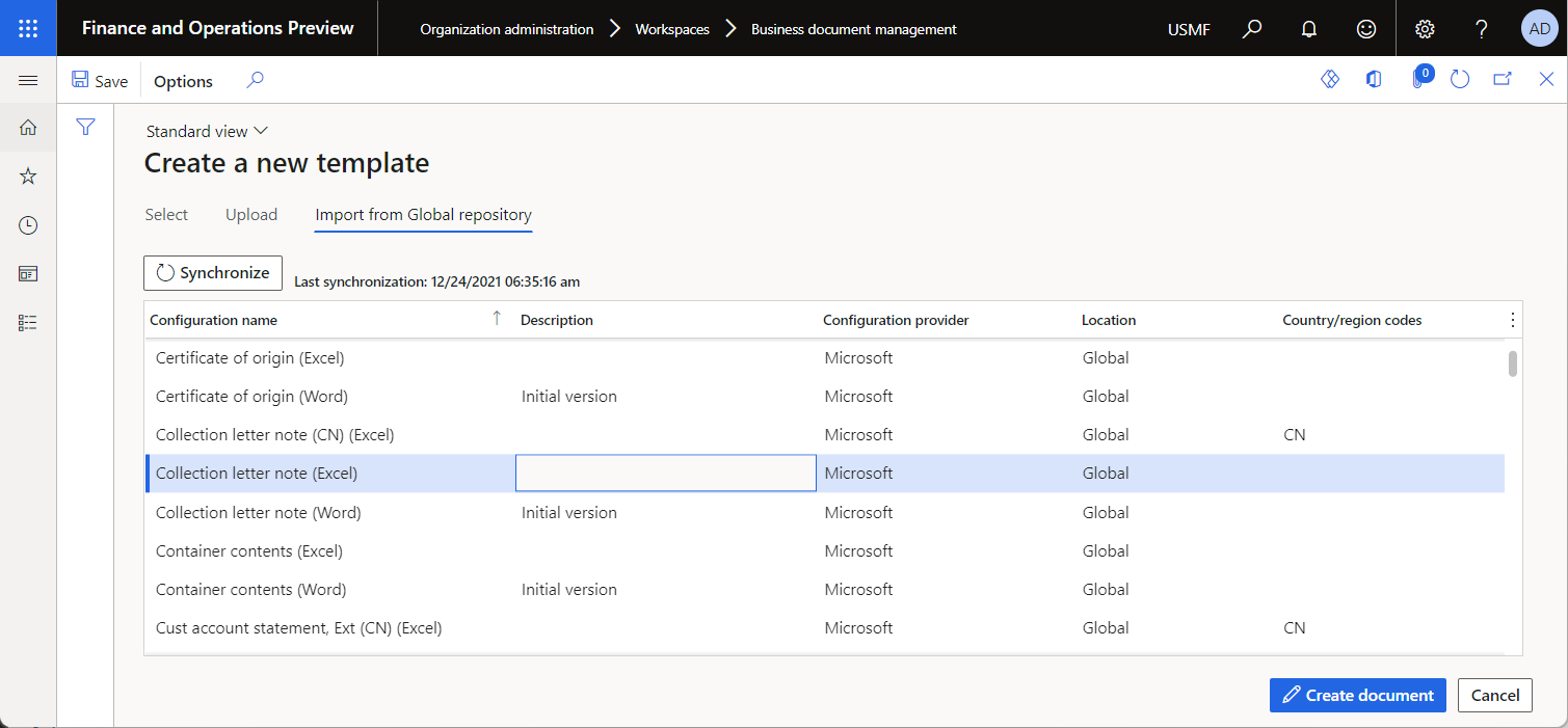 Import from Global repository tab on the Create a new template page.