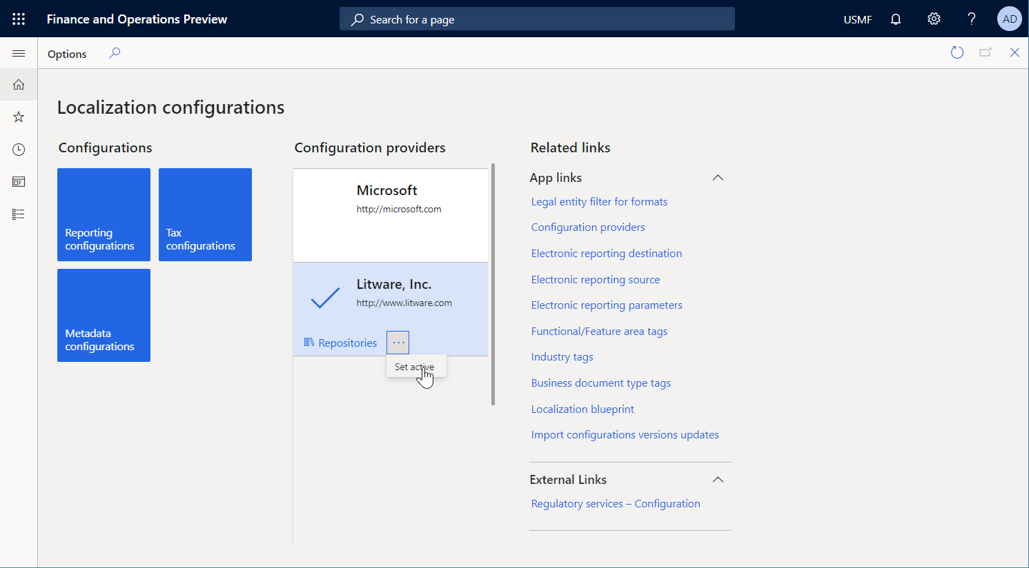 Setting the sample company to active on the Localization configurations page.