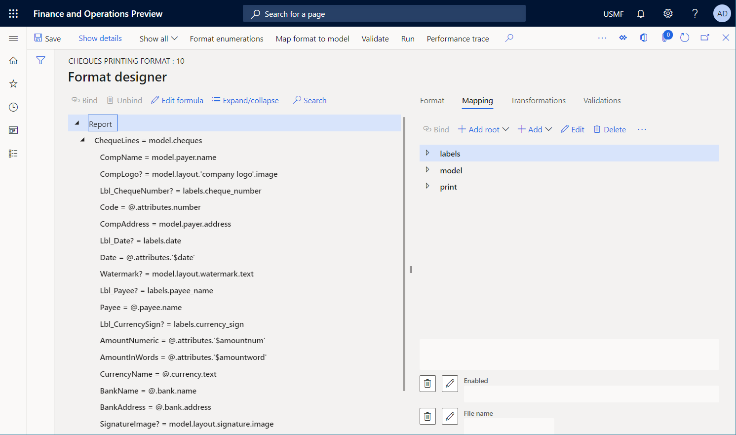 Binding of cell format elements to data sources in the ER Operations designer.