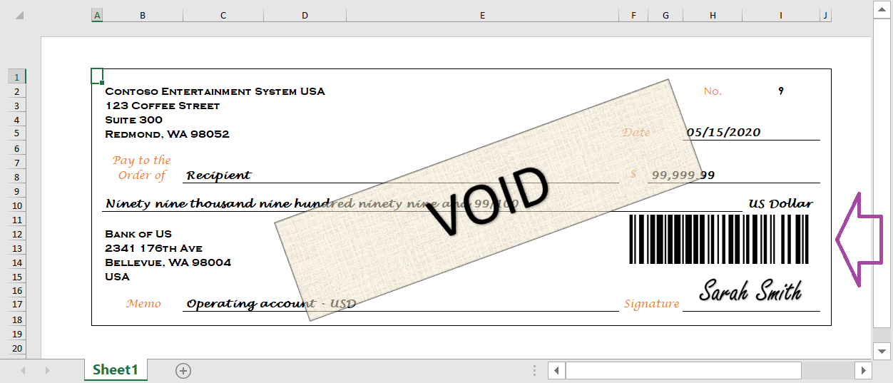 Generated payment check with bar code in Excel.