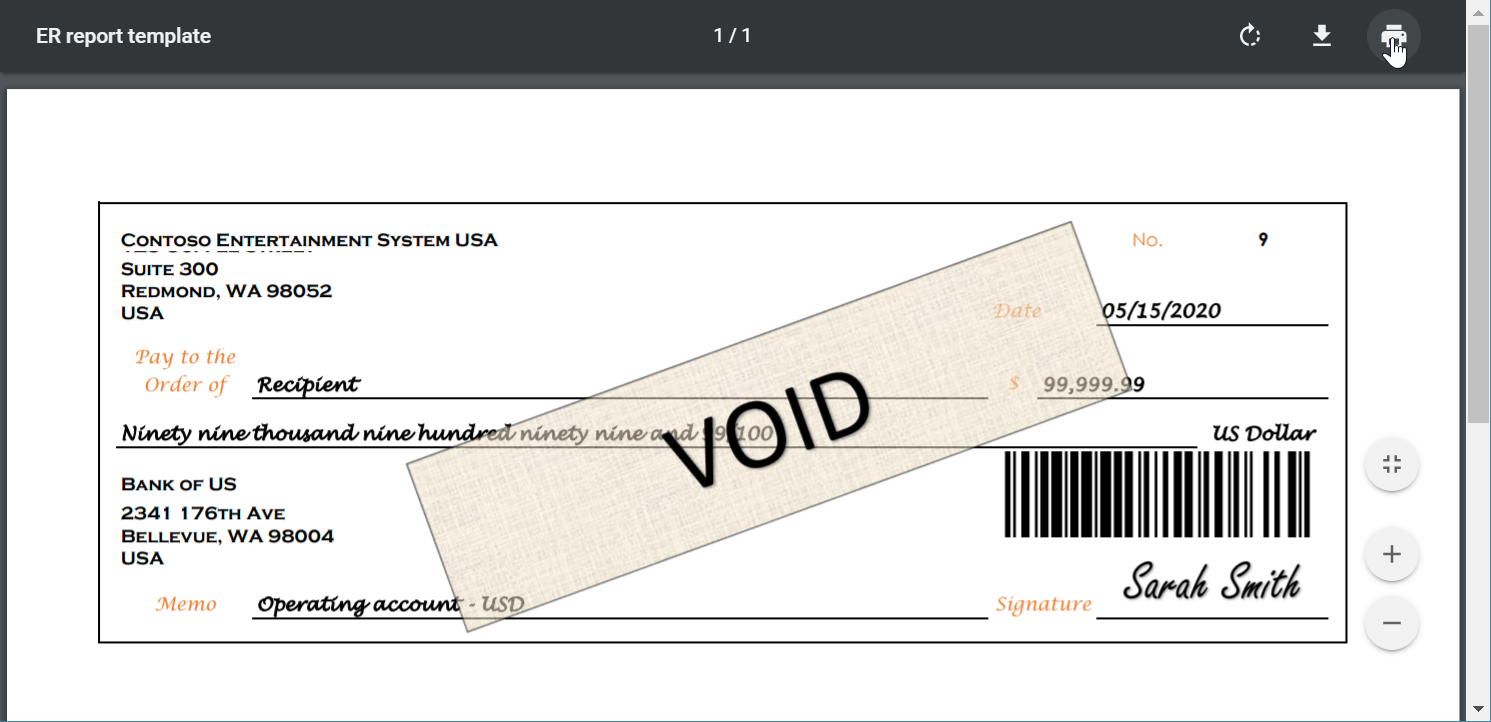 Preview of the PDF of a payment check.