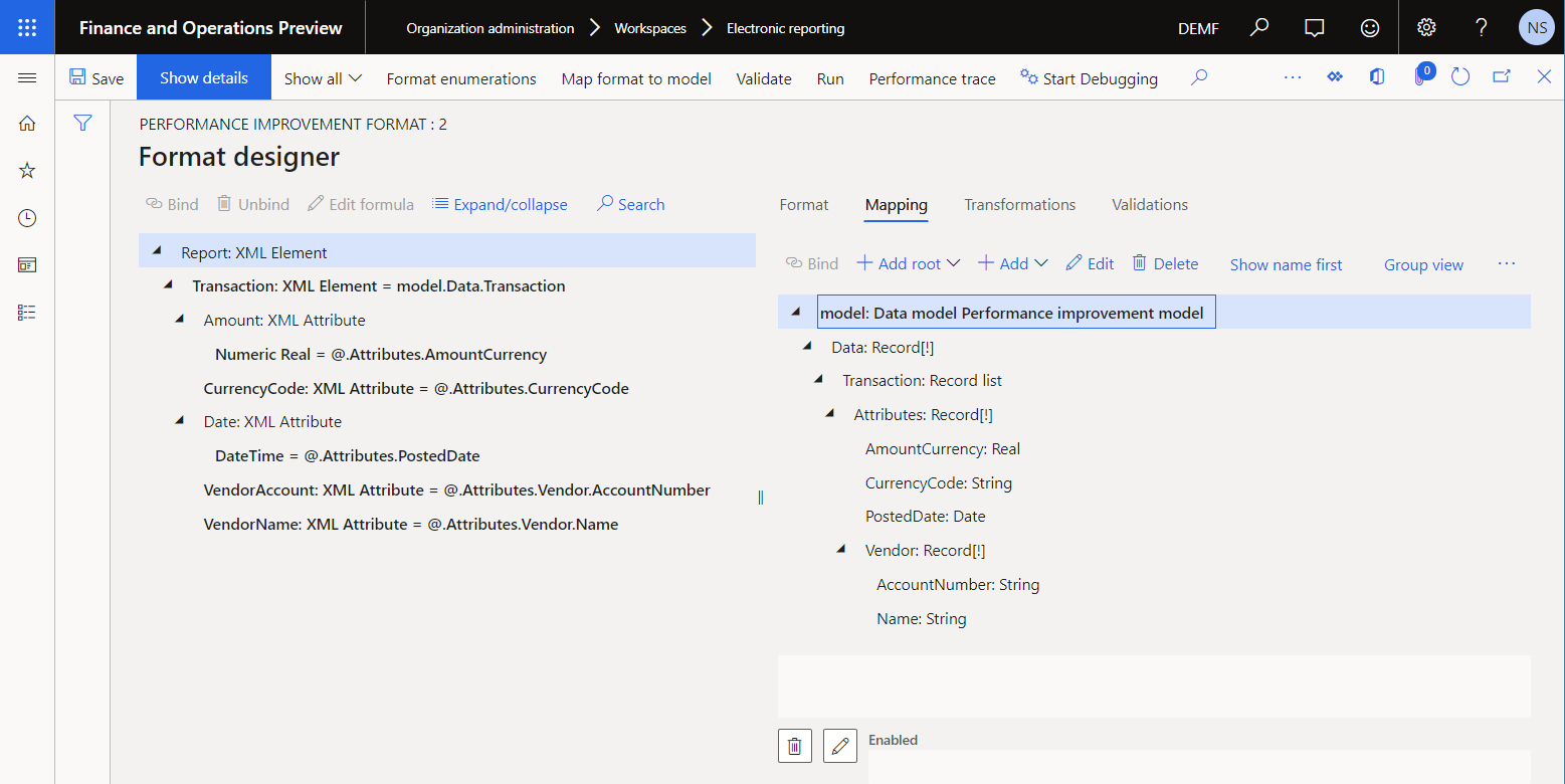 Format data sources and configured bindings of format elements on the Format designer page.