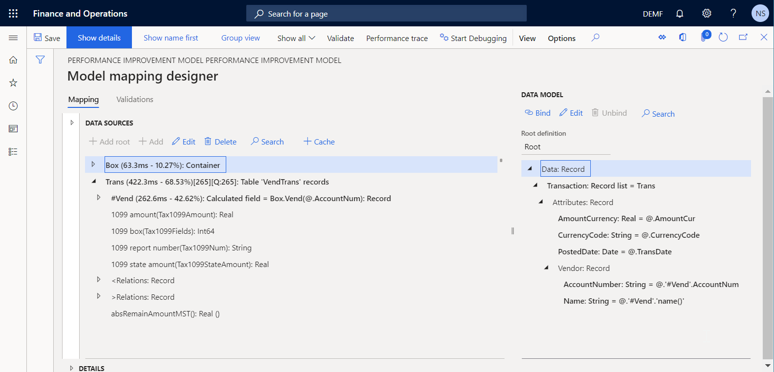 Trace information on the Model mapping designer page 2.