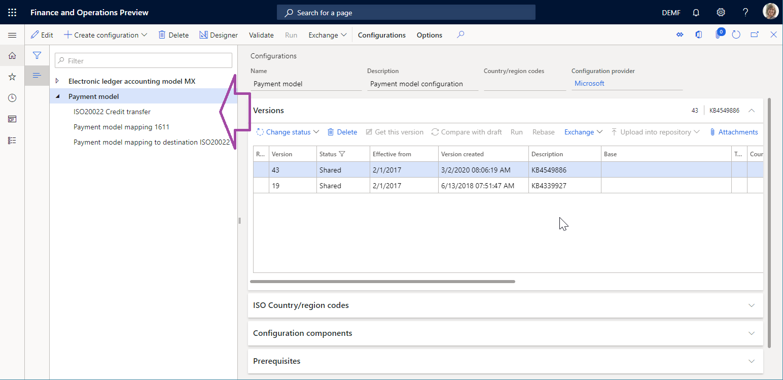 Configurations imported on the Configurations page.