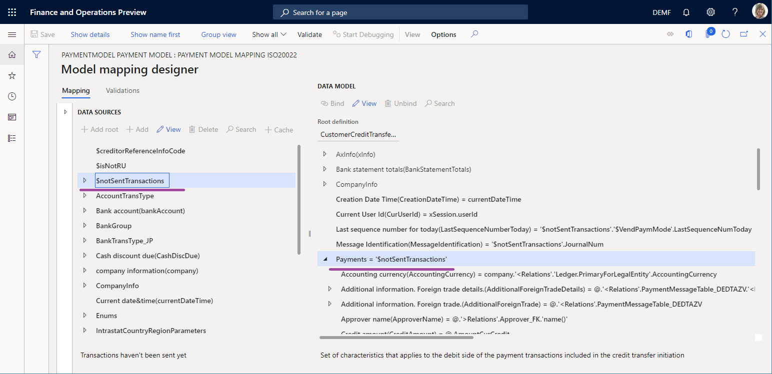 Payments field on the Model mapping designer page.