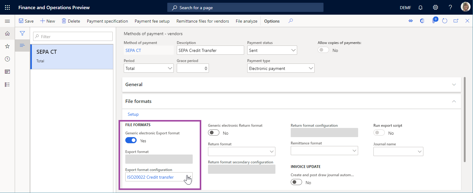 File format settings on the Methods of payment page.