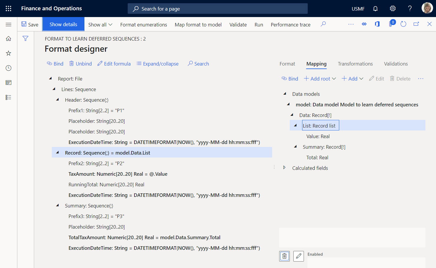 Mapping tab on the Format designer page.