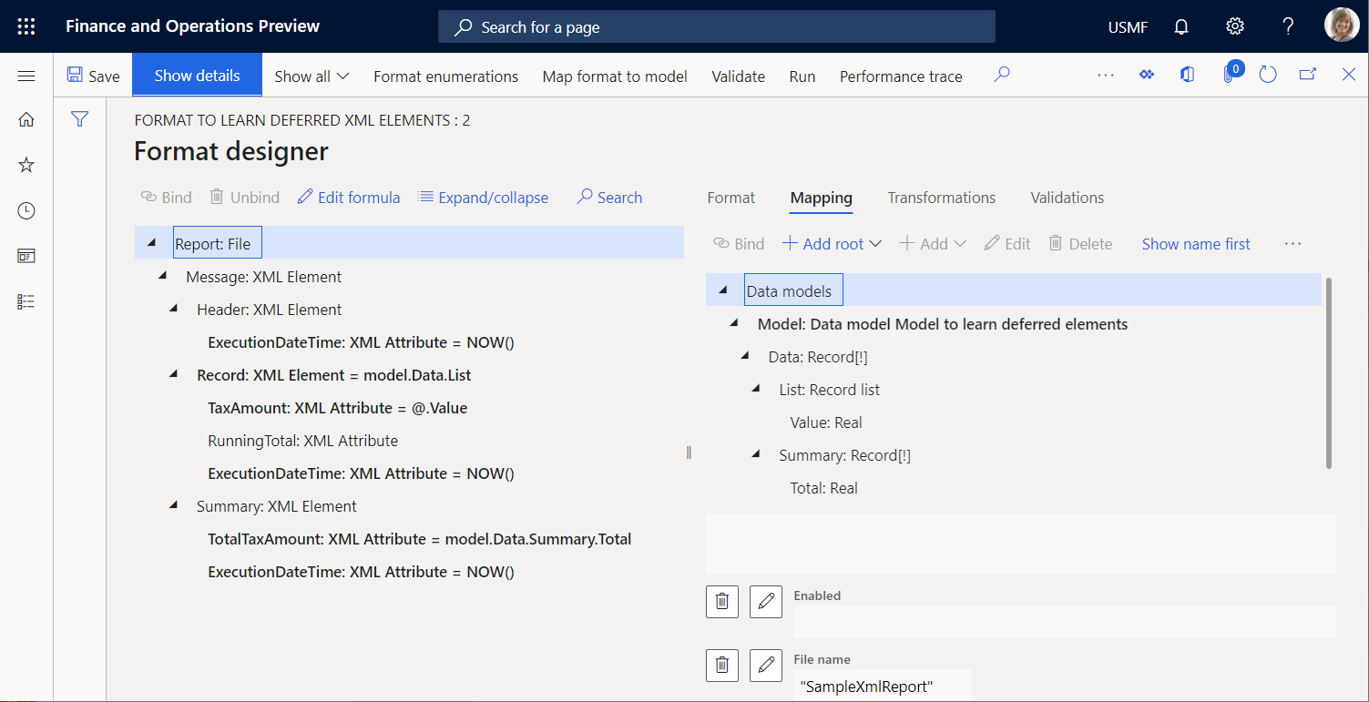 Mapping tab on the Format designer page.