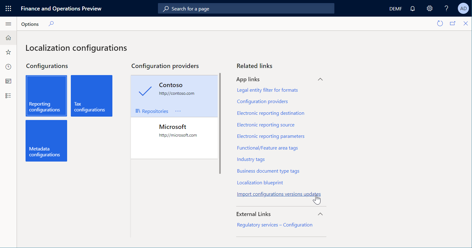 Localization configurations page.