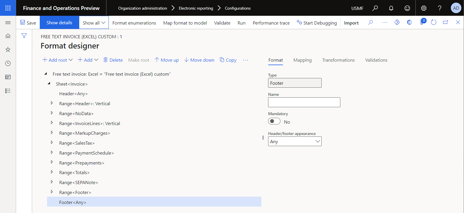 Footer element in the ER Operations designer.