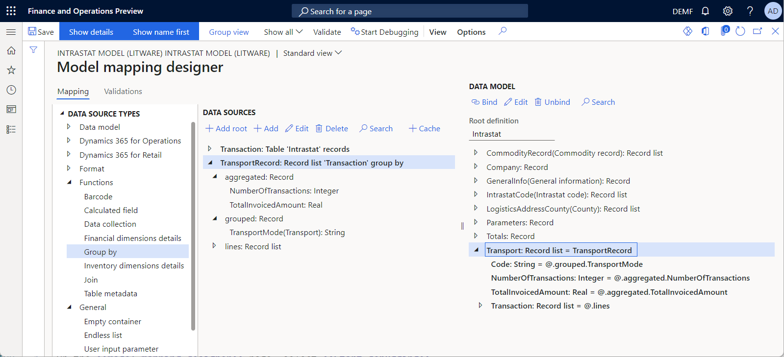 Configured model mapping in the ER model mapping designer.