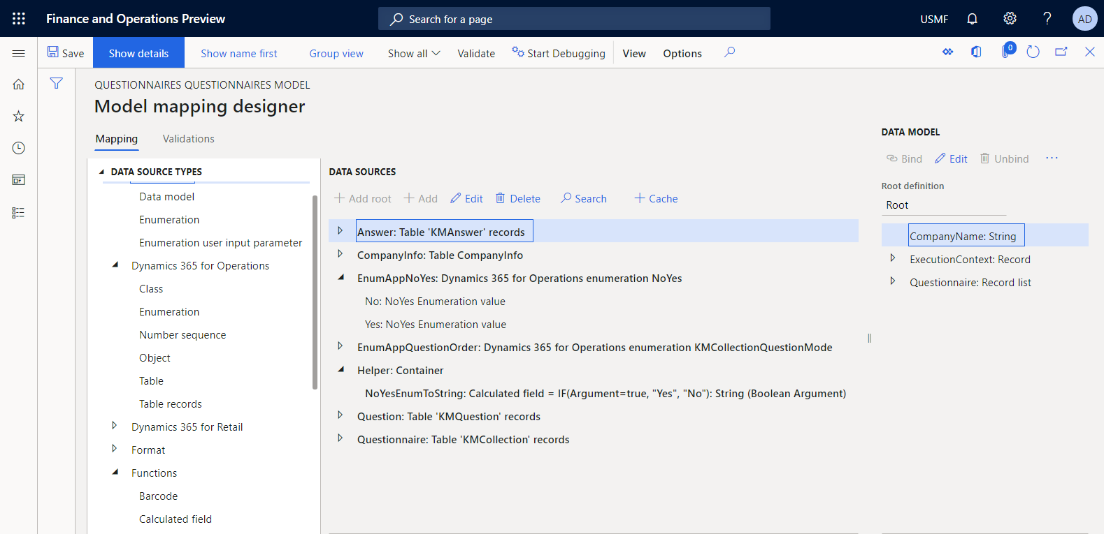 Configured model mapping in the ER model mapping designer.