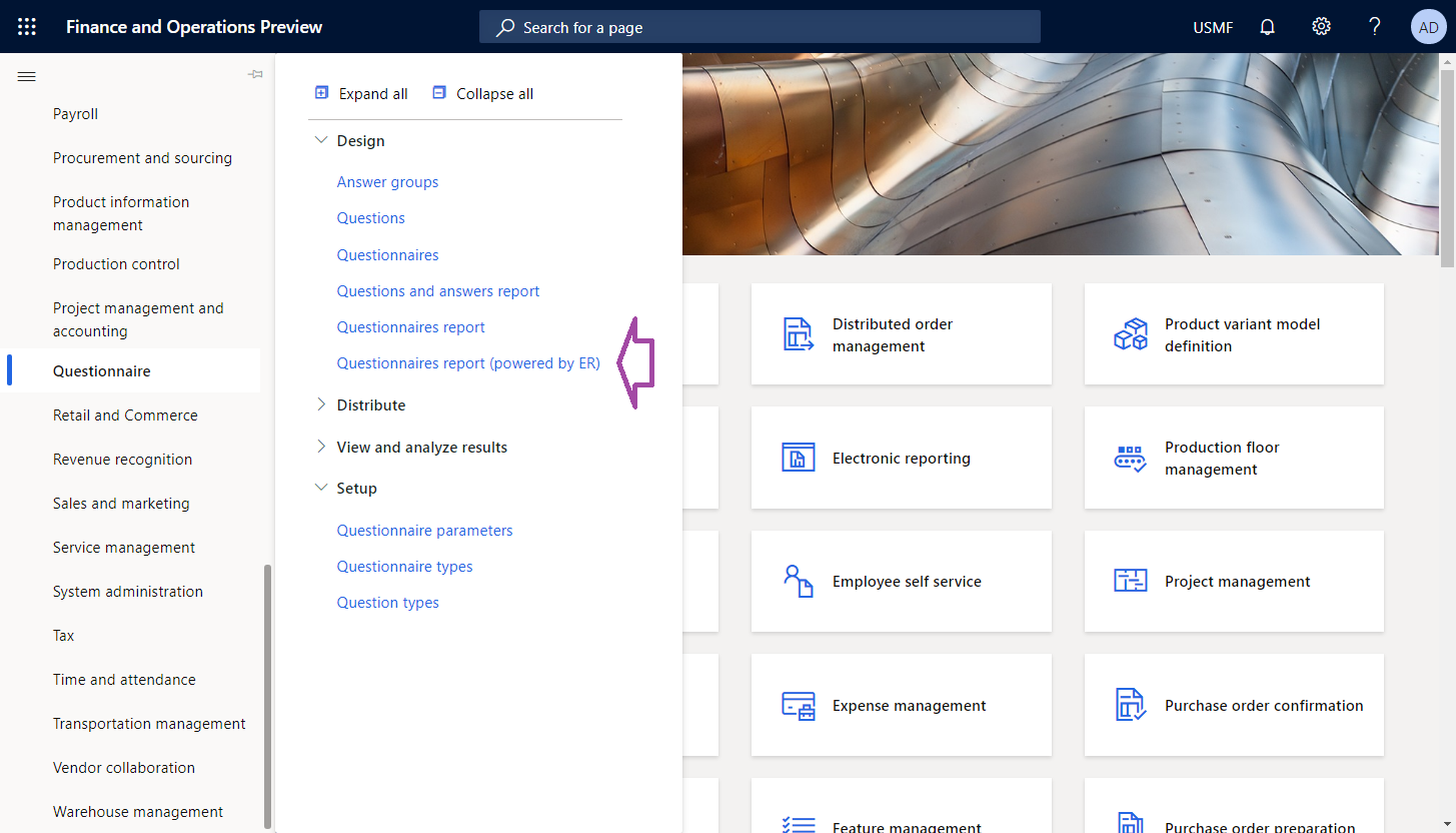 Selecting the Questionnaires report (powered by ER) menu item in the Questionnaire module to run the configured ER format.