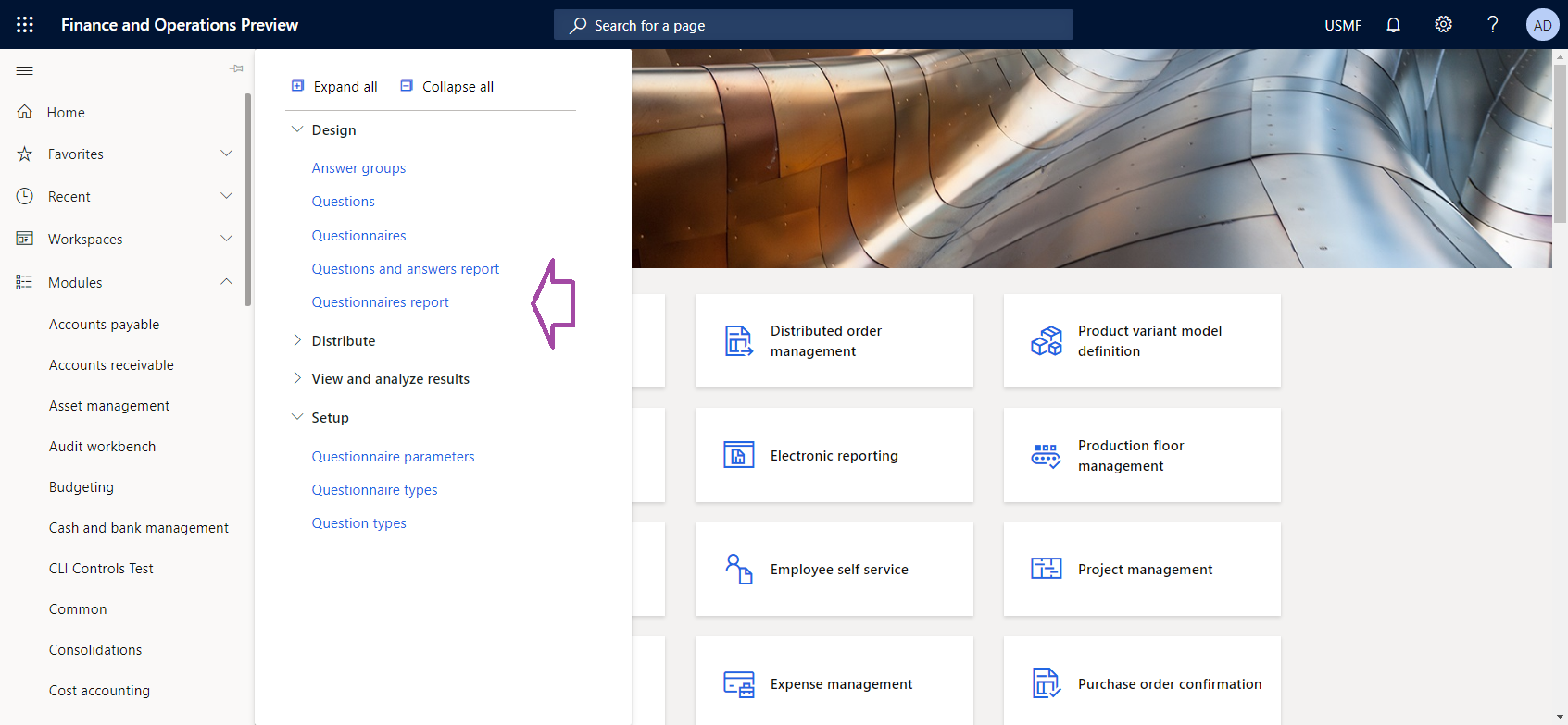 Selecting the Questionnaires report menu item in the Questionnaire module to run the existing SSRS report.