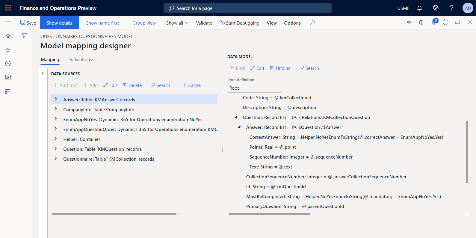 Fully configured model mapping in the ER model mapping designer.