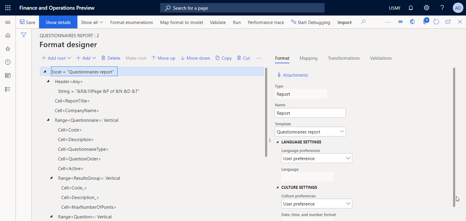 Configuring language and culture settings for the designed report in the ER Operation designer.