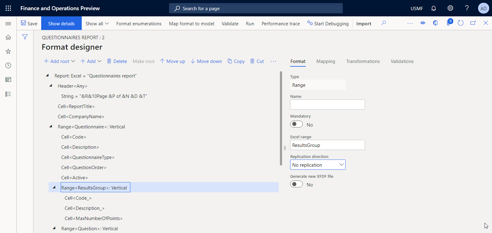 Defining the replication direction for Range format elements in the ER Operation designer.