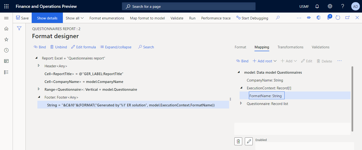 Adding the Footer format element to the configured format in the ER Operation designer.