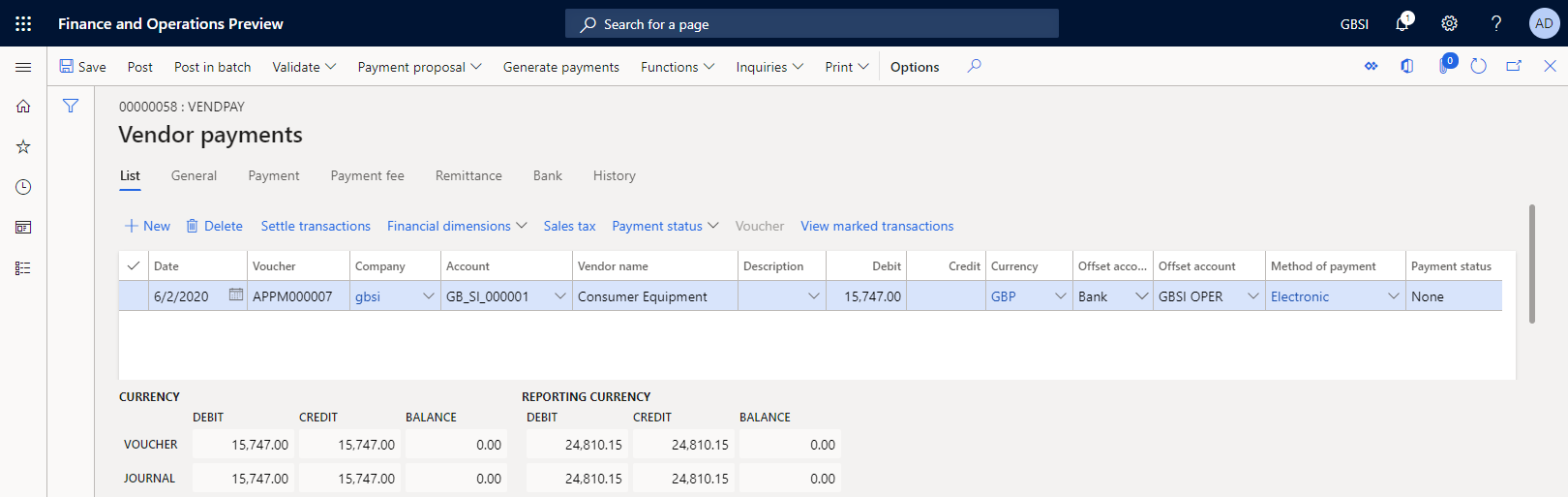 Vendor payments page.