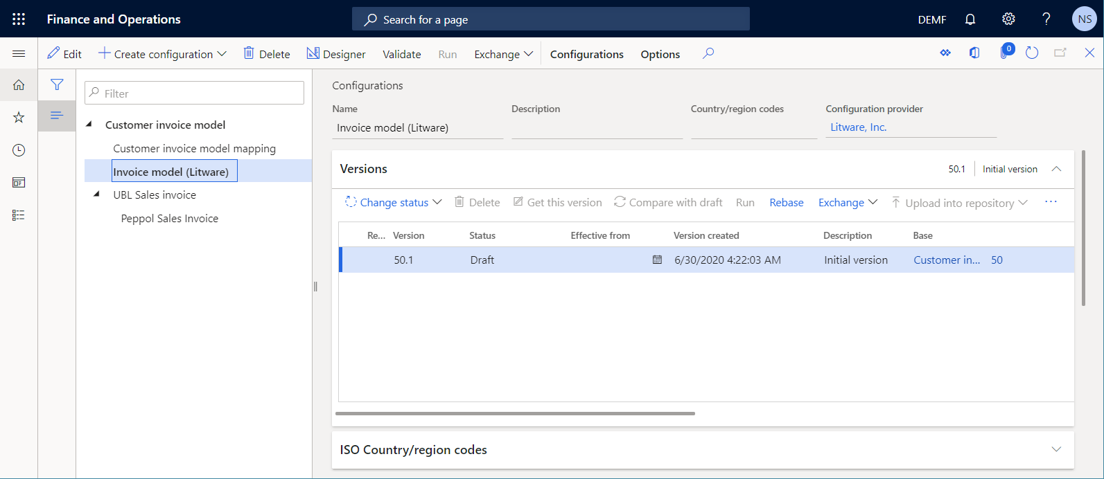 Version 50.1 of the ER configuration on the Configurations page.