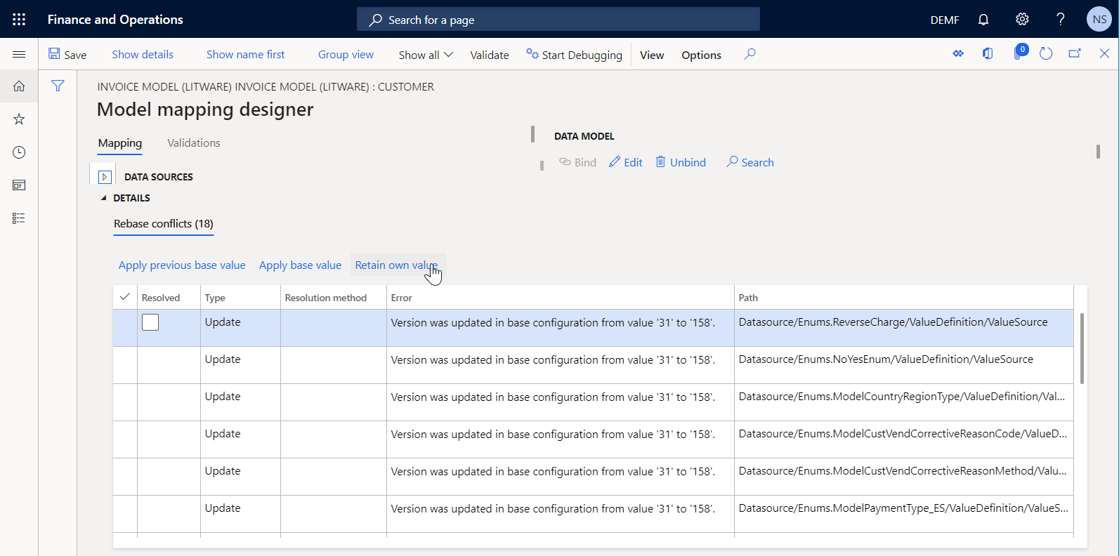 Rebase conflicts on the Model mapping designer page.