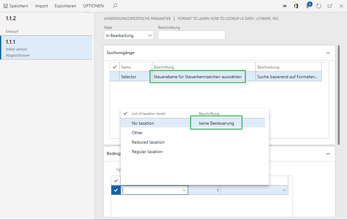 Lookup field translated into German on the ER application-specific parameters page.