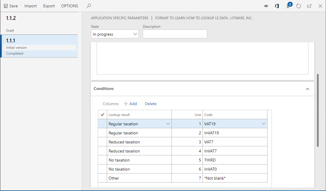 Last record added on the ER application-specific parameters page.