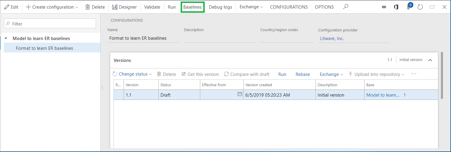 Baselines button on the Configurations page.