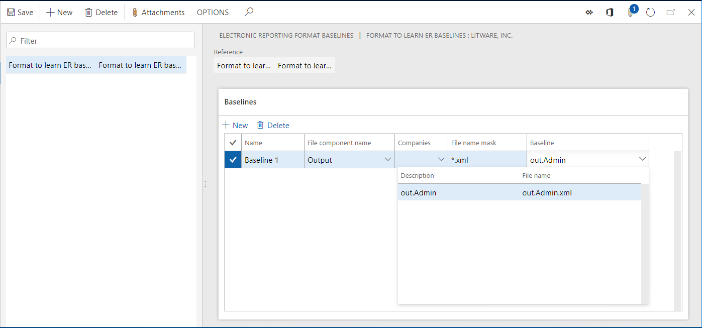 Electronic reporting format baselines page, Baselines FastTab with a baseline selected.