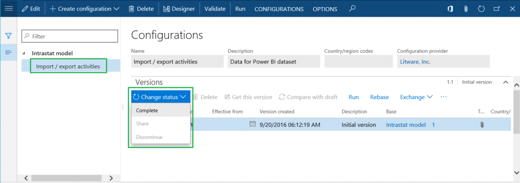 Import/export activities configuration on the Configurations page.