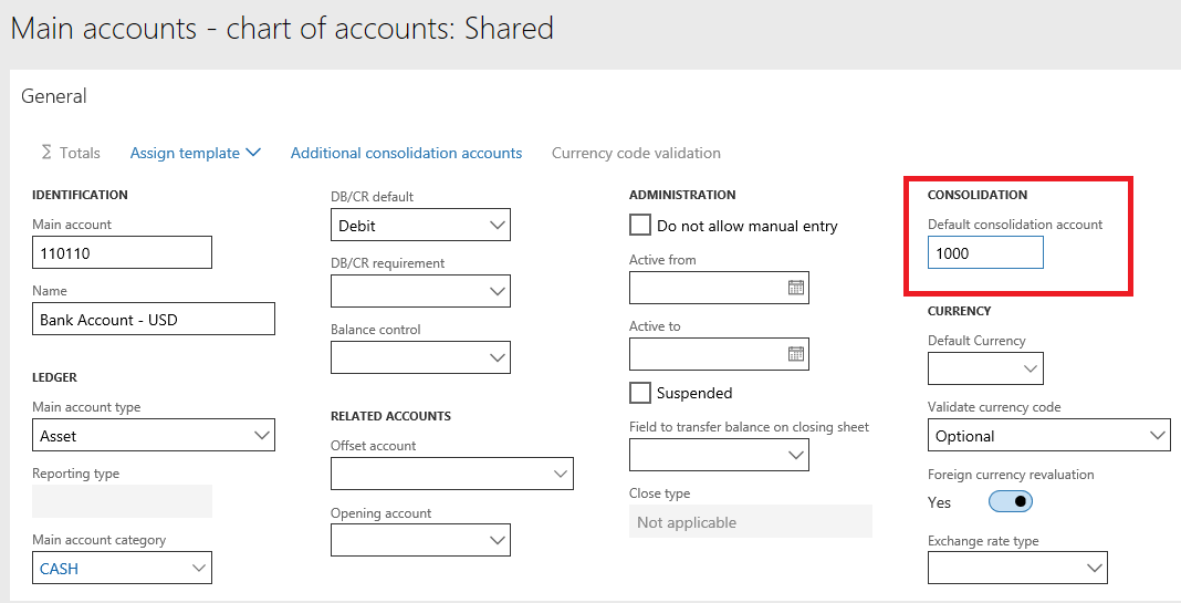 Default consolidation account specified on the Main accounts page.