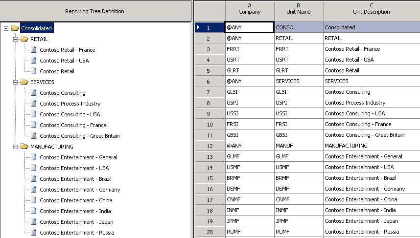 Multilevel reporting tree definition with roll ups by function.