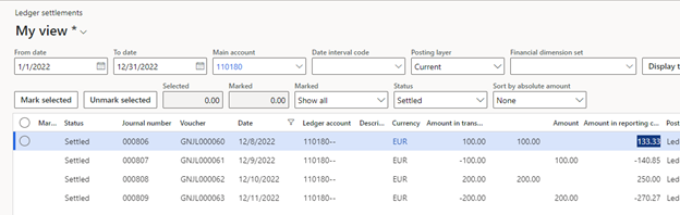 Settled transactions on the Ledger settlements page.