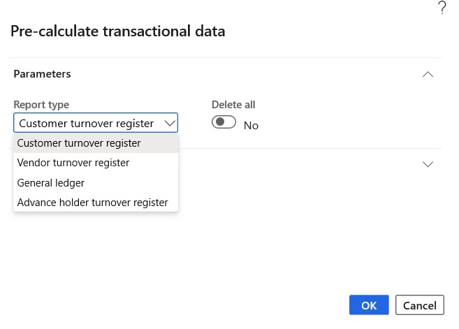 Pre-calculate transactional data dialog box.