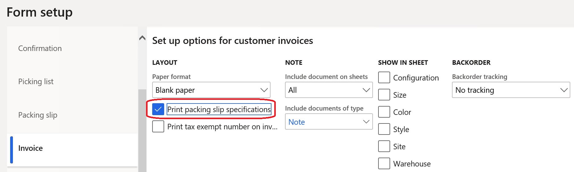 Print packing slip specifications check box.