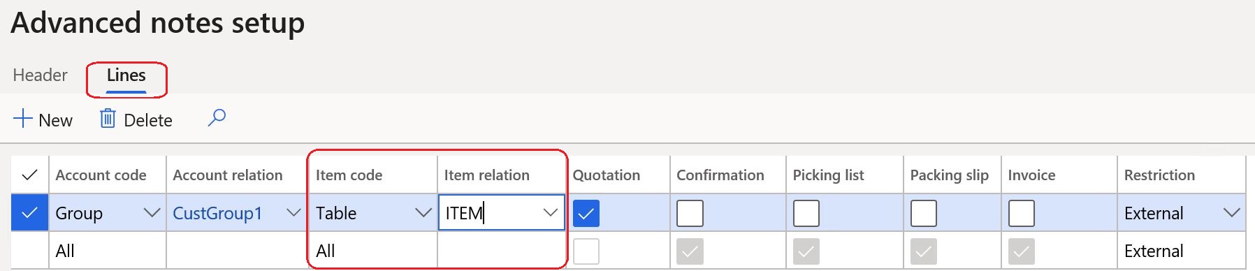 Setup of customer advanced note lines.