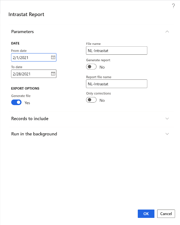 Intrastat Report dialog box.