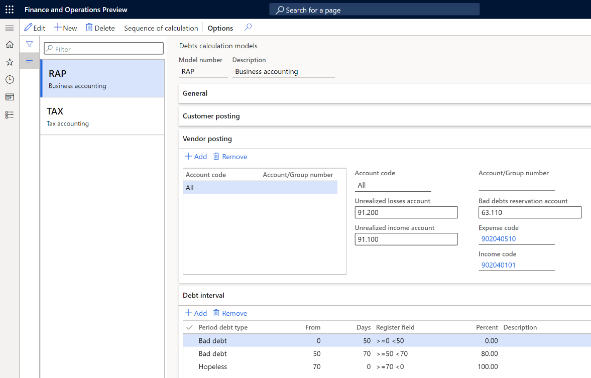 Debt interval setup for a model on the Debts calculation models page.